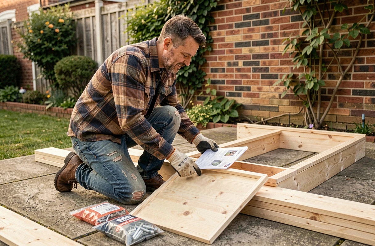 Homme assemblant un abri de jardin en bois en kit sur une terrasse en béton, avec planches et visserie au sol et notice d'installation