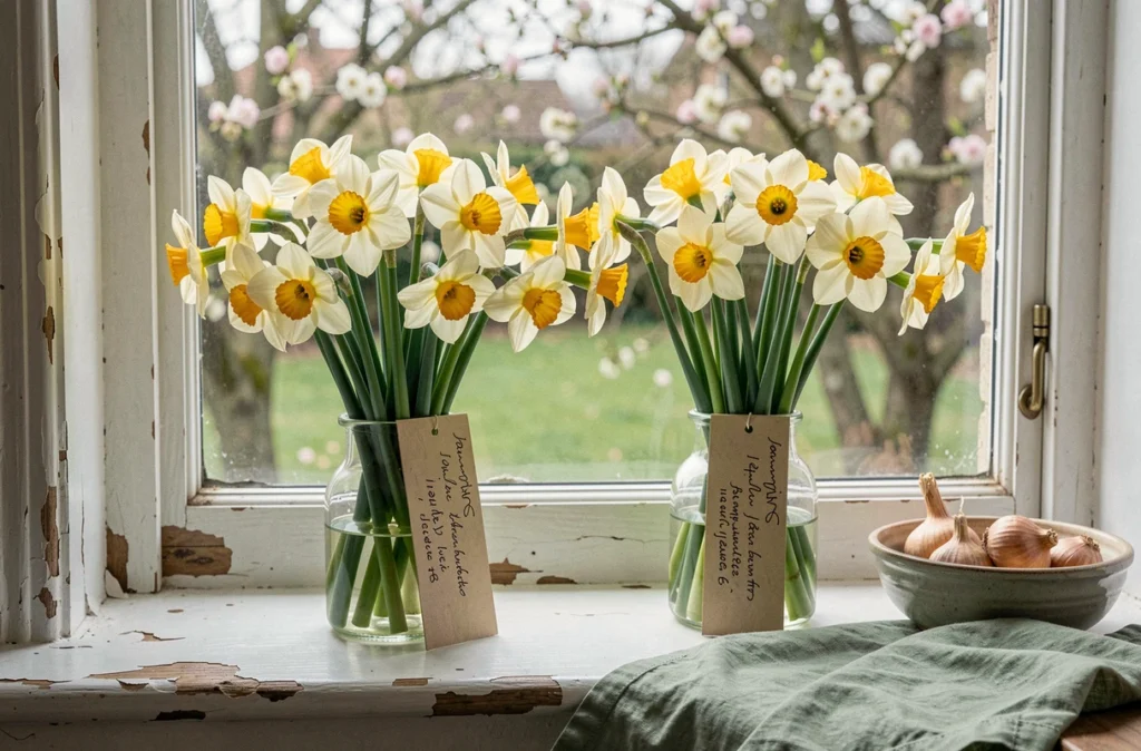 Deux petits vases en verre contenant des narcisses et des jonquilles sur un rebord de fenêtre de cuisine rustique avec des étiquettes botaniques manuscrites