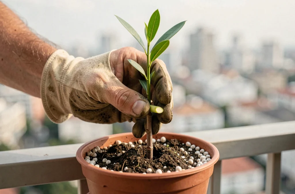 Mains plantant une bouture de laurier rose dans un pot avec du perlite et du terreau sur un balcon urbain