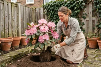 Femme en train de planter un rhododendron à fleurs roses en pleine terre dans un petit jardin urbain avec bordures en pierre