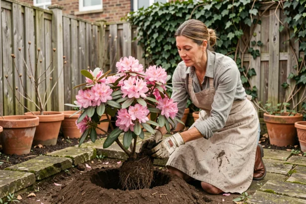 Femme en train de planter un rhododendron à fleurs roses en pleine terre dans un petit jardin urbain avec bordures en pierre