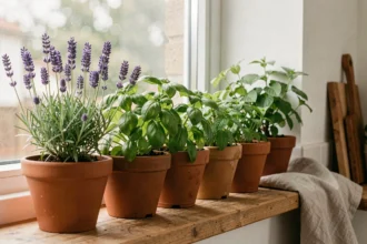 Plantes répulsives contre les mouches disposées sur un rebord de fenêtre de cuisine, lavande, basilic et menthe en pots en terre cuite