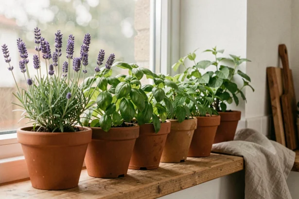 Plantes répulsives contre les mouches disposées sur un rebord de fenêtre de cuisine, lavande, basilic et menthe en pots en terre cuite