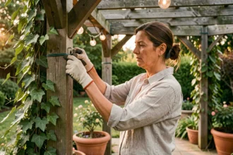 Femme installant une guirlande lumineuse solaire extérieure sur une pergola en bois dans un jardin verdoyant