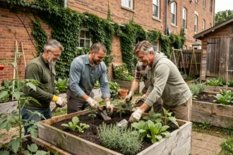 Groupe de voisins travaillant ensemble dans un potager collaboratif urbain avec des bacs en bois surélevés et des plants de tomates