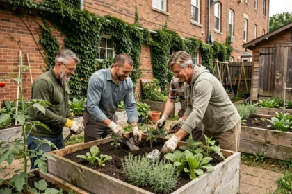 Groupe de voisins travaillant ensemble dans un potager collaboratif urbain avec des bacs en bois surélevés et des plants de tomates