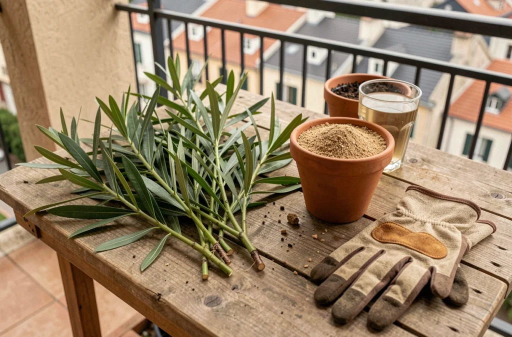 Boutures de laurier rose préparées sur une table de rempotage avec pot en terre cuite, substrat sableux et hormone de bouturage