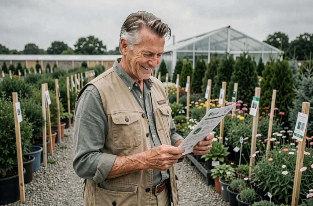 Propriétaire d'une jardinerie indépendante tenant son certificat de label écoresponsable dans son espace de production extérieur