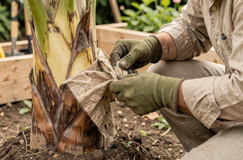 Jardinier retirant la protection hivernale en polaire d'un tronc de bananier pour le réveiller au printemps