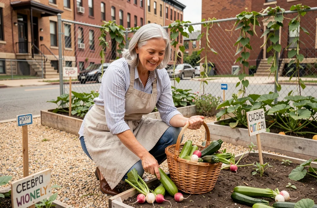 Femme âgée récoltant des légumes frais dans son carré potager au sein d'un jardin partagé de quartier
