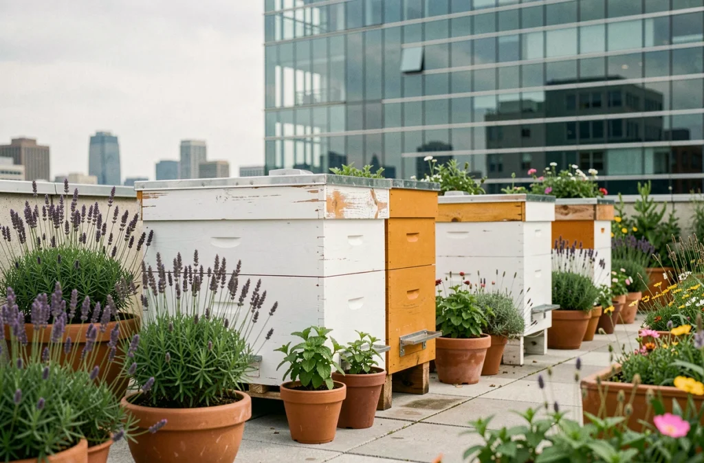 Ruches urbaines alignées sur un toit-terrasse avec jardin de plantes mellifères et immeuble moderne en fond