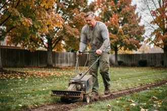 Homme d'âge mûr scarifiant sa pelouse avec un scarificateur manuel en automne, feuilles dorées visibles en arrière-plan