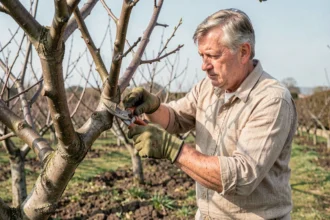 Jardinier expérimenté en train de tailler un pêcher mature dans un verger au printemps, en appliquant les bonnes pratiques de taille 2026