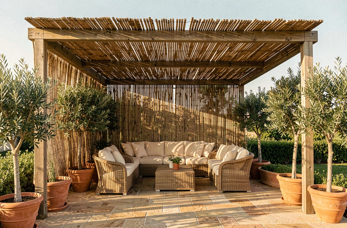 Terrasse méditerranéenne avec pergola en bois habillée d'une canisse en roseau naturel, mobilier en rotin et oliviers en pot