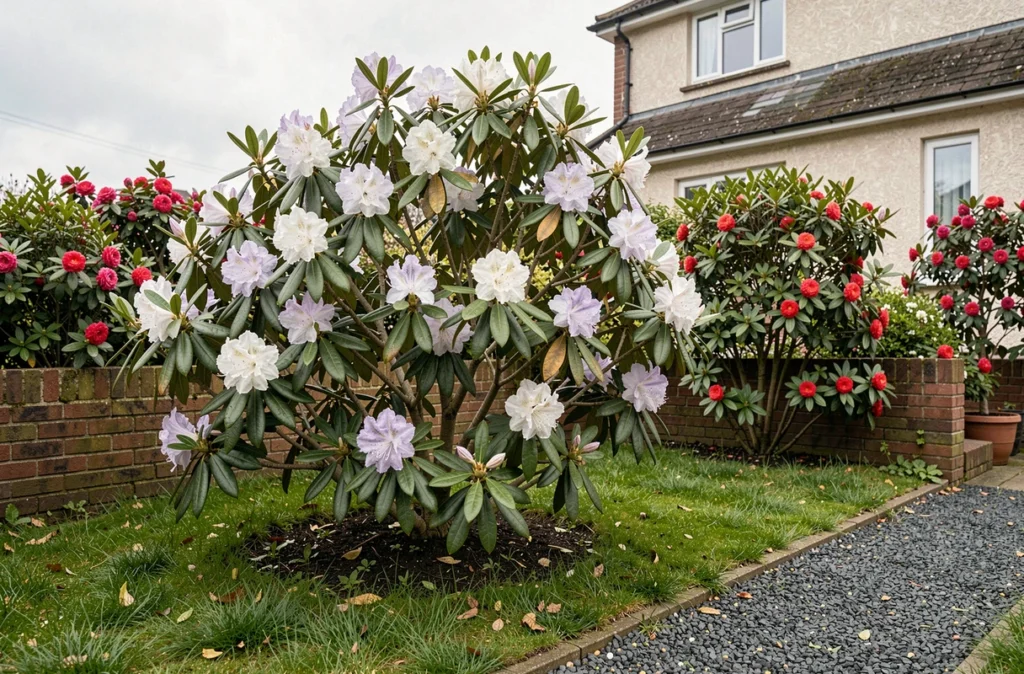 Vue d'ensemble d'un petit jardin résidentiel avec rhododendron blanc bien intégré aux côtés de camélia et d'azalée sans encombrement
