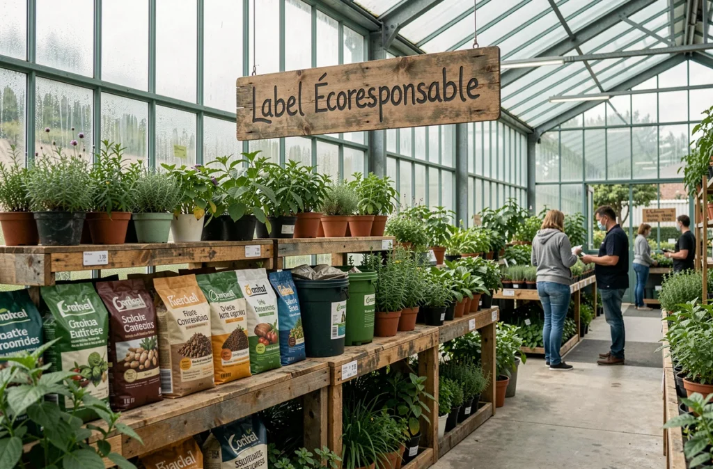 Vue intérieure d'une jardinerie indépendante affichant un panneau de certification écoresponsable au-dessus d'un rayon de produits bio