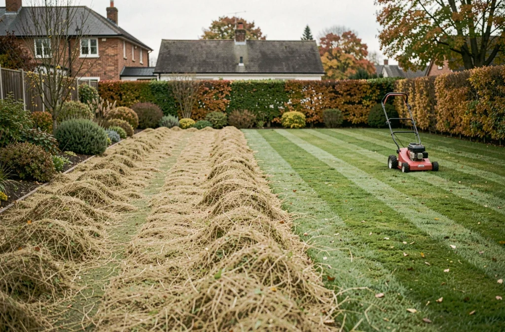 Vue large d'un jardin résidentiel avec la moitié de la pelouse scarifiée et l'autre non, scarificateur électrique rouge posé au sol en automne
