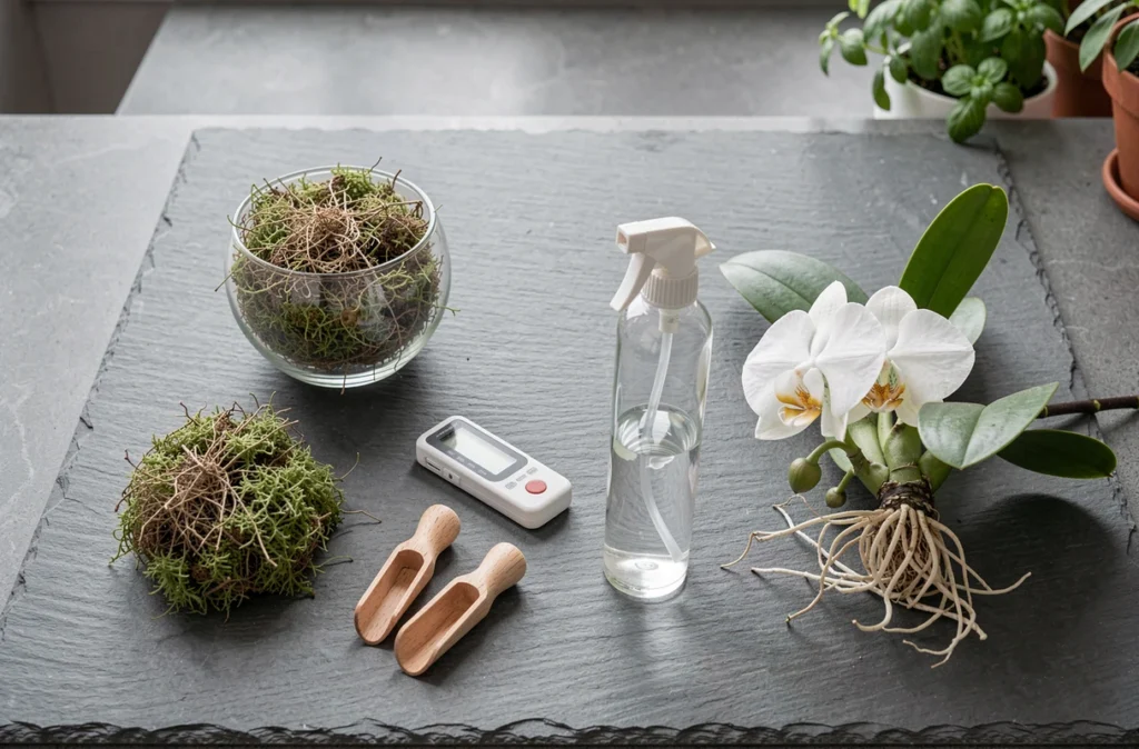 Mise en scène à plat des accessoires pour rempotage d'orchidée avec de la sphaigne