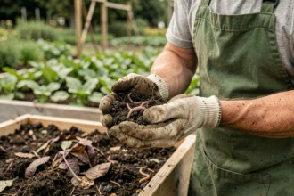 Jardinier tenant des vers de terre dans sa main gantée au-dessus d'un lit de jardin en bois rempli de compost riche
