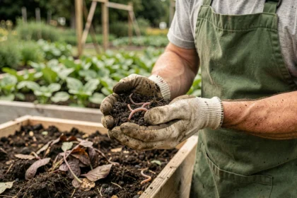Jardinier tenant des vers de terre dans sa main gantée au-dessus d'un lit de jardin en bois rempli de compost riche
