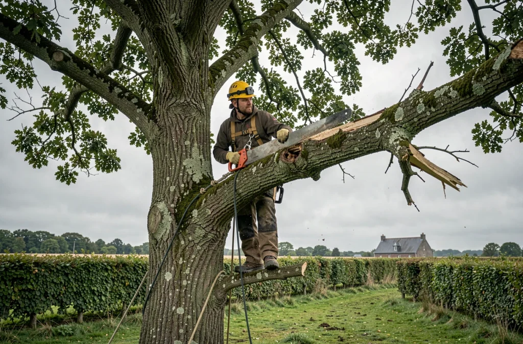 Arboriste d'Arbelet retirant une branche morte d'un châtaignier dans le bocage breton