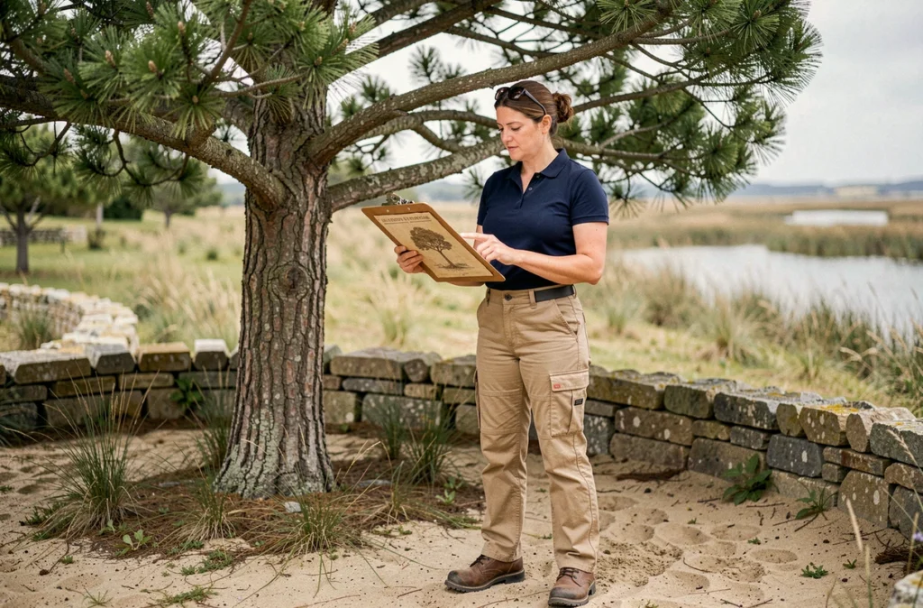 Arboriste femme évaluant un arbre avant élagage dans un jardin côtier en Loire-Atlantique