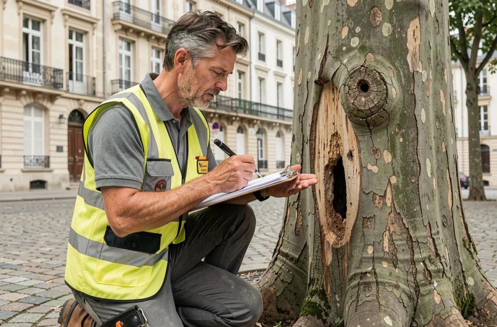 Un arboriste d'Arbre et Jardin Environnement réalise un diagnostic sur un platane urbain dans une place de ville