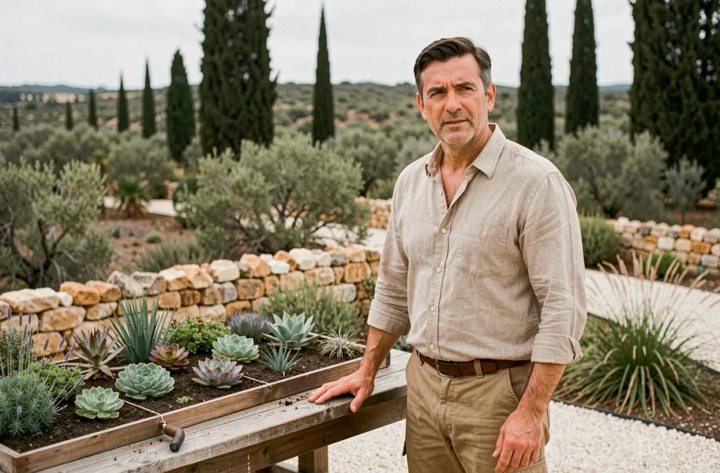 Arnaud Mouls, paysagiste à Canet dans l'Hérault, consultant un plan de jardin devant un paysage de garrigue