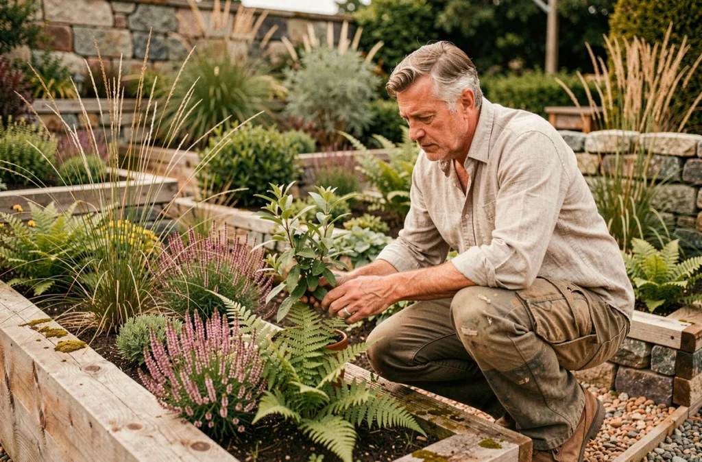 Paysagiste de l'Atelier Morlière observant une plantation naturaliste dans un jardin artisanal breton