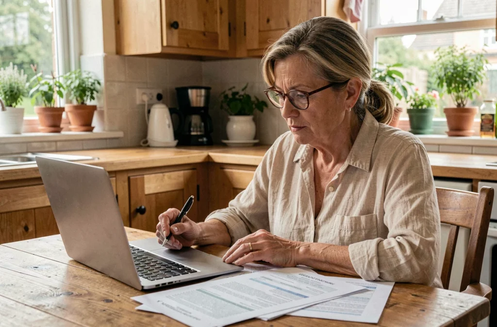Femme comparant plusieurs devis de prestataires d'élagage à son bureau à domicile avant de signer un contrat