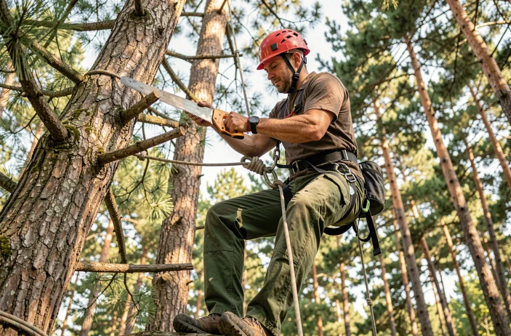 Un grimpeur élagueur de Du Pin sur la Branche réalise une taille raisonnée en hauteur dans un pin