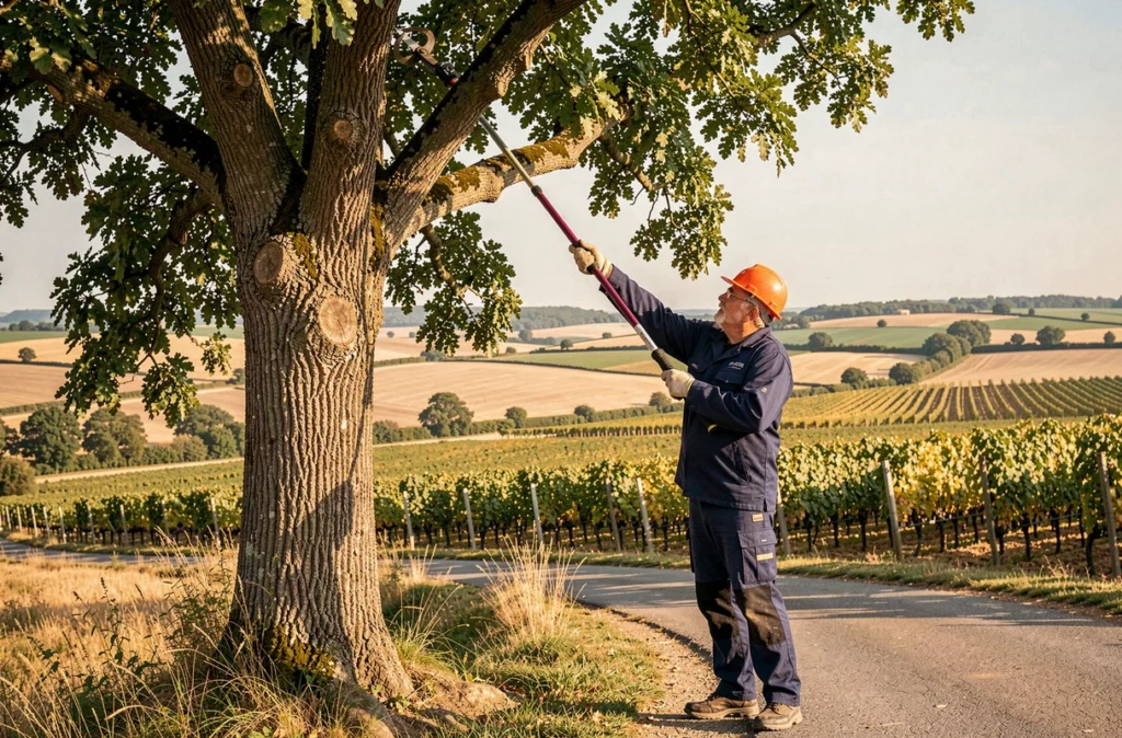Un élagueur de Dubourg Élagage utilise une perche élagueuse sur un chêne en bord de route dans le Libournais