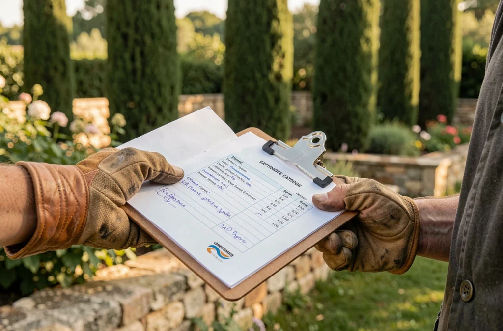 Échange d'un devis écrit entre un élagueur et un client dans un jardin de Montpellier