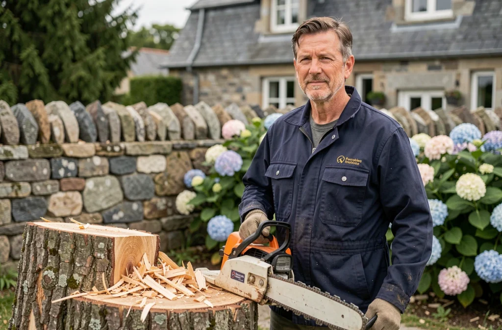 Élagueur Breton posant avec une tronçonneuse devant un jardin breton avec mur en granite
