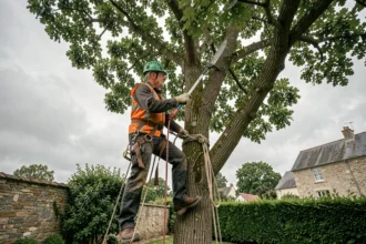 Élagueur professionnel en hauteur dans un arbre avec équipement de sécurité complet à Guérande
