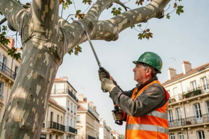 Élagueur professionnel en train d'élaguer un platane dans une rue résidentielle de Montpellier
