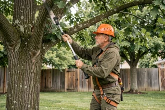 Élagueur professionnel en tenue de sécurité orange taillant un grand chêne dans un jardin résidentiel