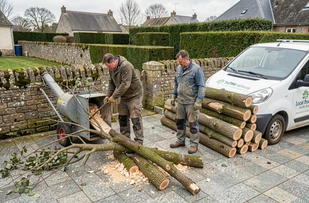 Deux élagueurs ramassant les branches après une session d'élagage dans un jardin de Guérande