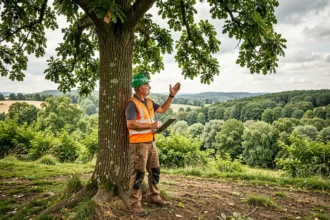 Un élagueur professionnel évalue un grand chêne dans un paysage verdoyant de Nouvelle-Aquitaine