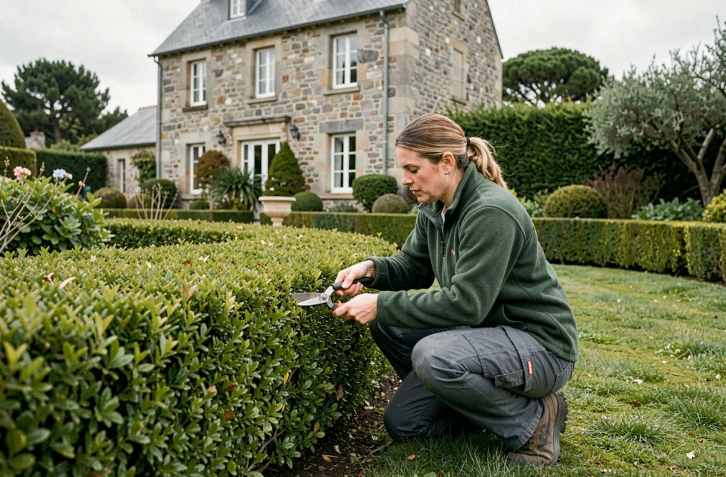 Jardinière d'Emeraude Jardins taillant une haie soignée devant un manoir en pierre bretonne