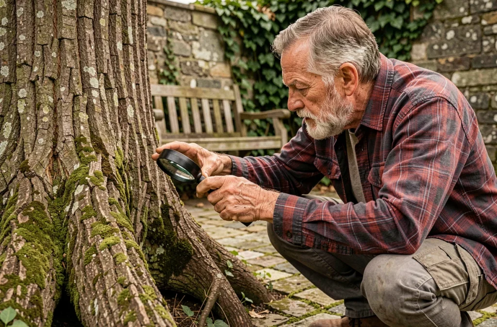 Expert élagueur inspectant la base d'un vieux châtaignier dans un jardin historique breton