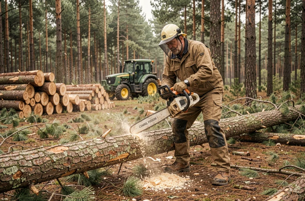 Un ouvrier forestier de Gascogne Travaux Forestiers réalise une intervention lourde dans une forêt de pins landaise