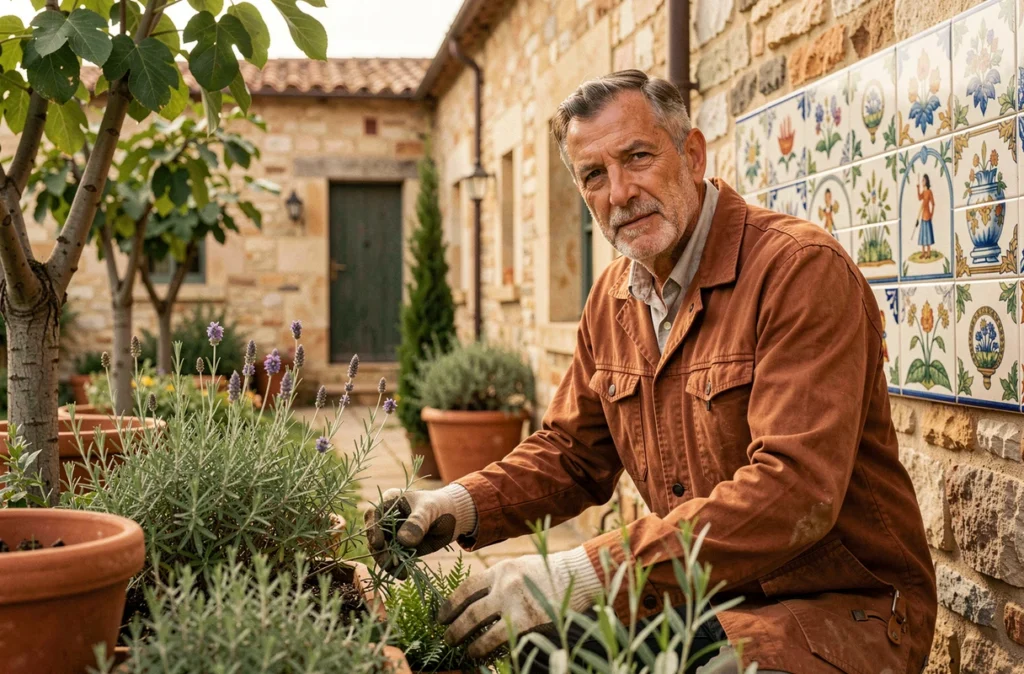 Paysagiste de Jardins d'Oc arrangeant un jardin méditerranéen rustique avec herbes aromatiques et poteries en terre cuite dans l'Hérault