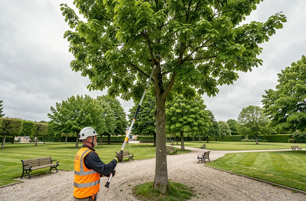 Arboriste de Keltia Jardins élaguant un tilleul avec une perche télescopique dans un parc breton