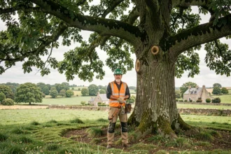 Élagueur professionnel en Bretagne au pied d'un grand chêne avec paysage rural breton en arrière-plan