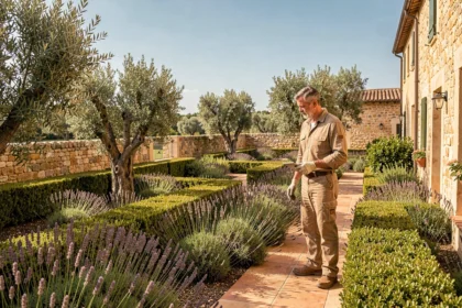 Paysagiste professionnel inspectant un jardin méditerranéen typique de l'Hérault, avec lavandes, oliviers et murets en pierre