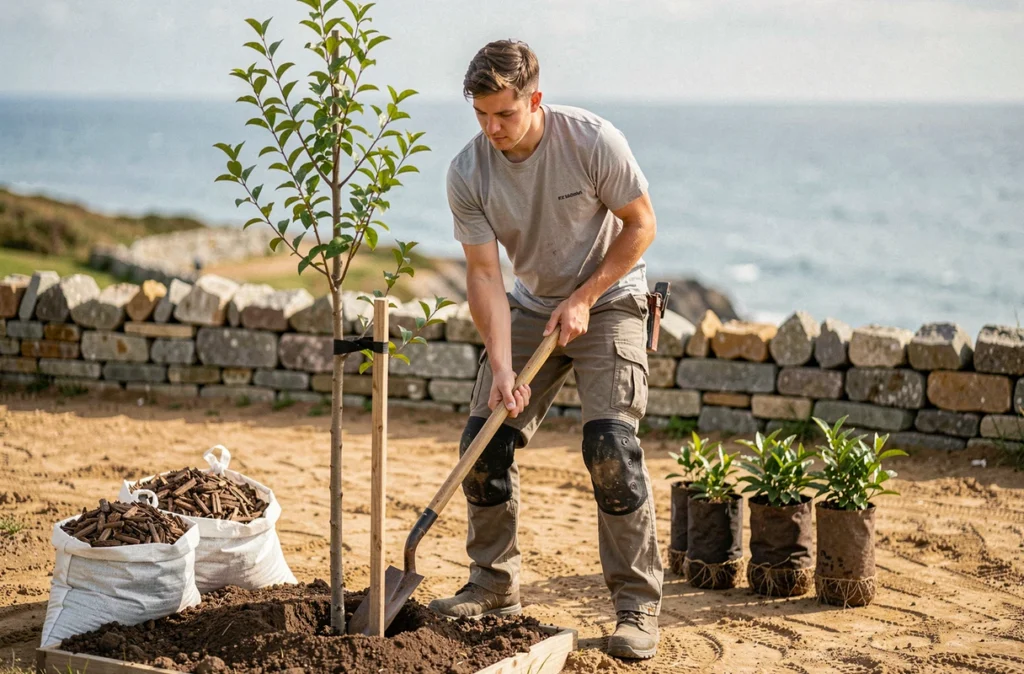 Technicien de Minou Paysages plantant un arbre ornemental dans un jardin côtier breton