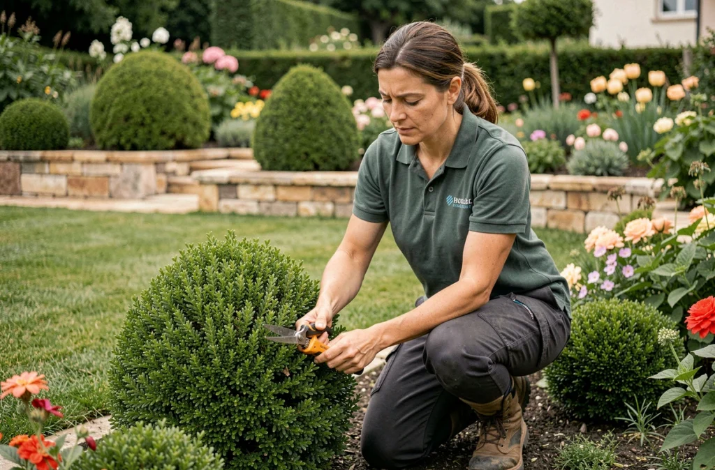 Paysagiste d'Oxygene Paysage taillant des arbustes ornementaux dans un jardin résidentiel soigné de l'Hérault