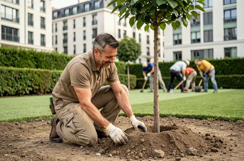 Un paysagiste des Paysagistes de Bordeaux plante un arbre ornemental dans un espace vert urbain