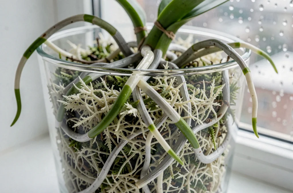 Gros plan sur des racines d'orchidée saines dans de la sphaigne humide en pot transparent